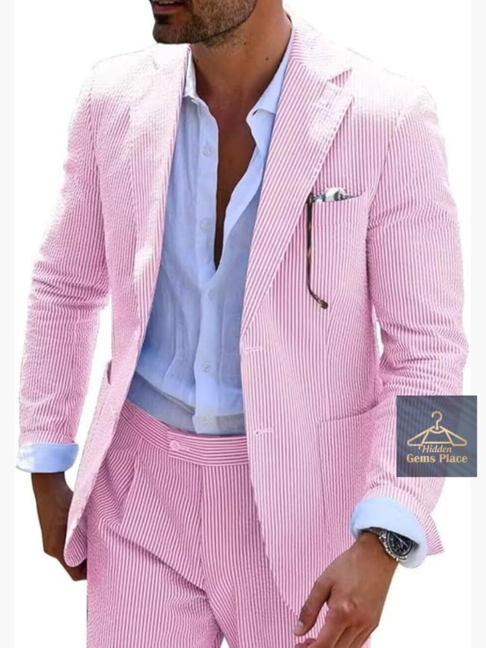 Men's Seersucker Summer Suit Slim Fit Formal Wedding Outfit Set